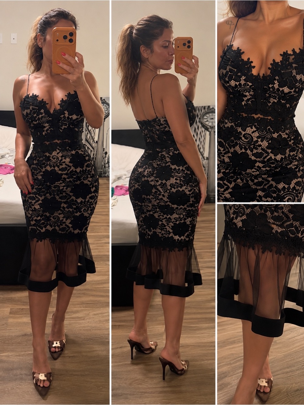 Black Lace Midi Dress with Sheer Mesh Hem
